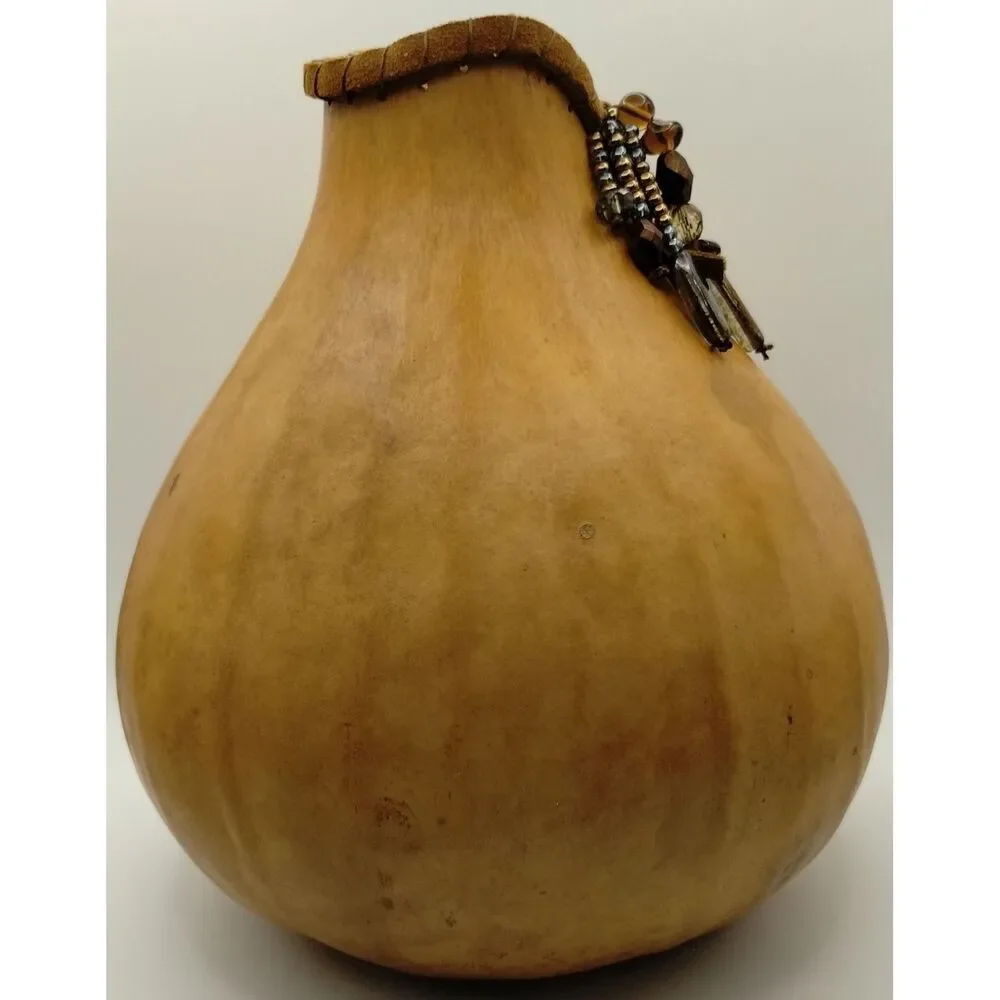 Handmade Gourd Vase Leather Wrapped Crystal Beads Fringe Folk Art Boho Artisian